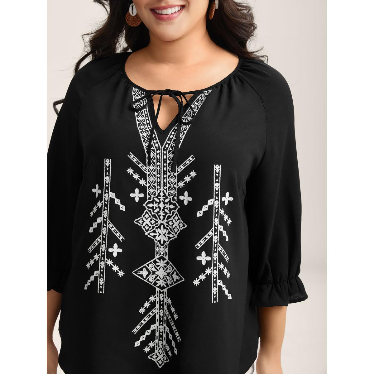 Plus Size Black Boho Print Neck Tassels Shirt Women Resort Elbow-length sleeve Notched collar Vacation Blouses BloomChic 22-24/3X Product Image