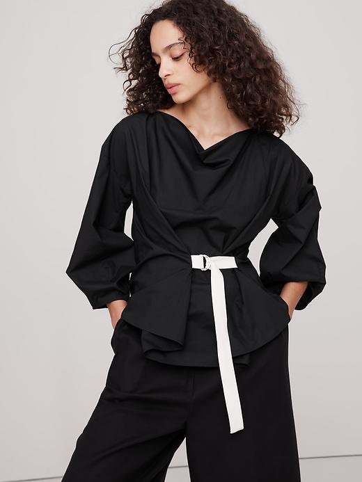 Reversible Cotton Poplin Cowl-Neck Tie-Waist Top Product Image
