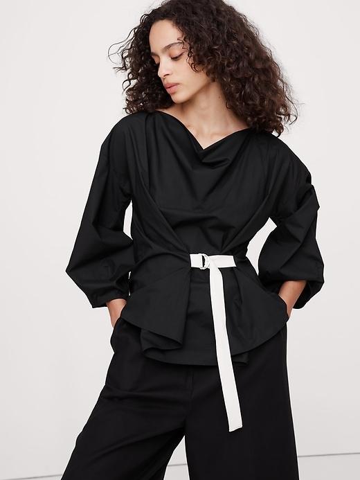 Reversible Cotton Poplin Cowl-Neck Tie-Waist Top Product Image
