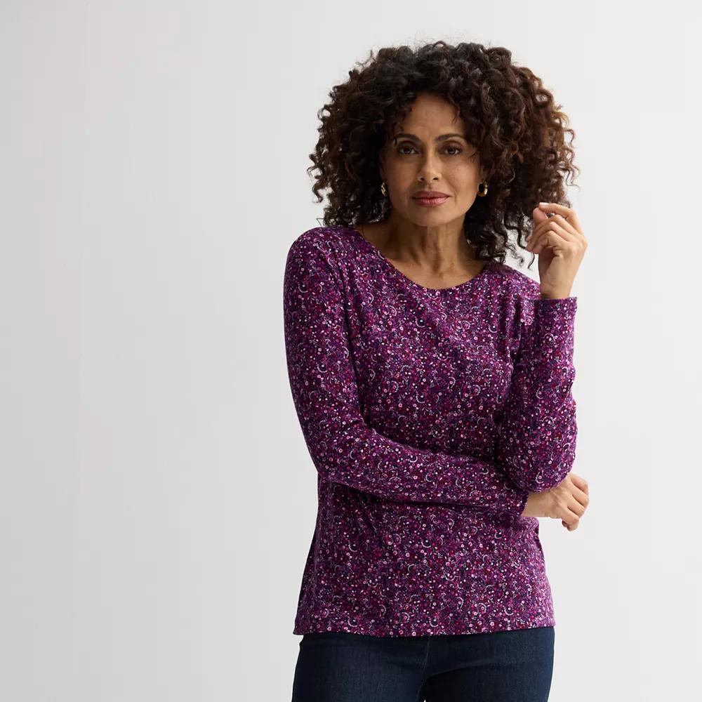 Petite Croft & Barrow® Crewneck Long-Sleeve Tee, Women's, Size: Medium Petite, Red Pink Tiny Blooms Product Image