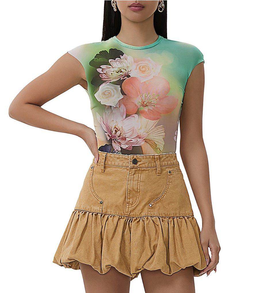 AFRM Kaylee Mesh Floral Placement Print Crew Neck Short Sleeve Top Product Image