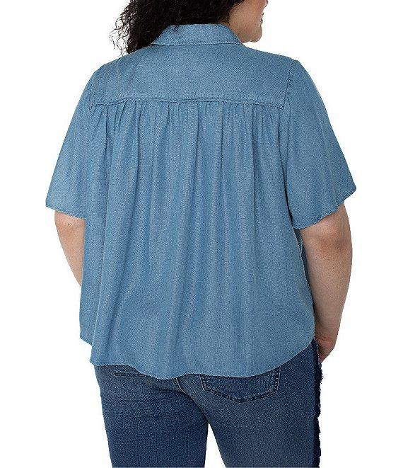 Liverpool Los Angeles Plus Size Woven Point Collar Short Flutter Sleeve Button Front Blouse Product Image