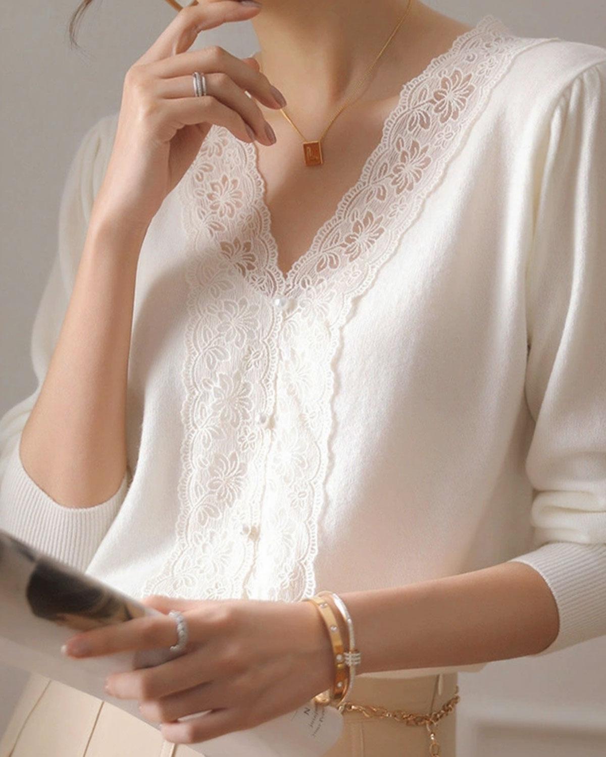 White V Neck Pearl Button Sweater Product Image