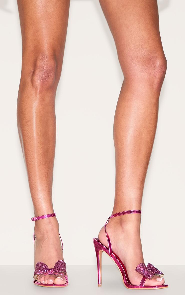 Pink Metallic PU Round Toe Diamante Bow Heeled Sandals Product Image