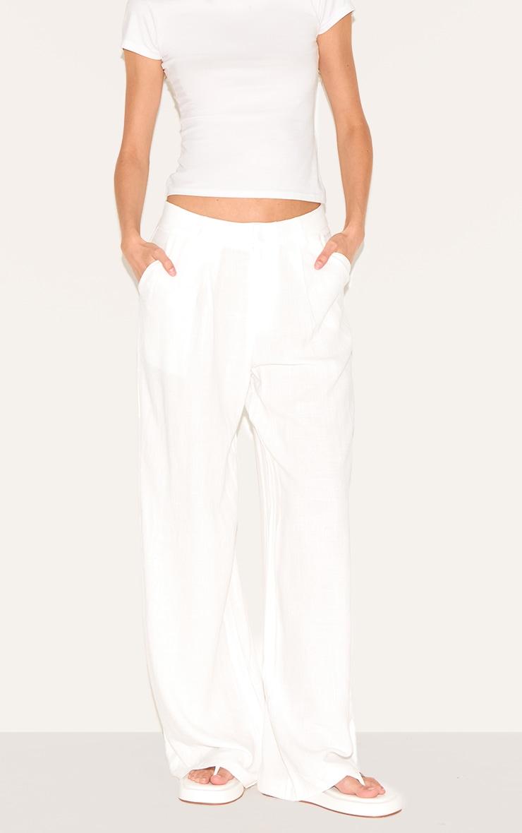 White Linen Blend Tailored Straight Leg Pants Product Image