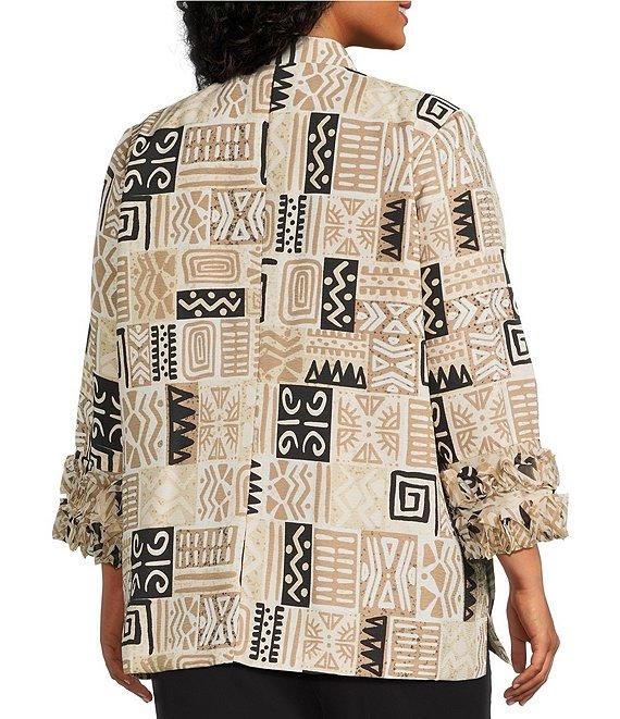 Multiples Plus Size Textured Bark Cloth Patchwork Print Banded Collar 3/4 Sleeve Button Front Jacket Product Image