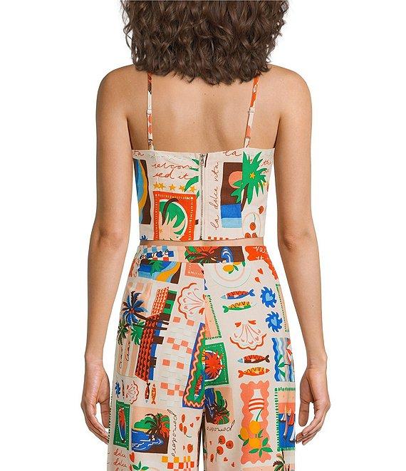 Sugarlips Coordinating Postcard Print Linen Blend Square Neck Sleeveless Top Product Image