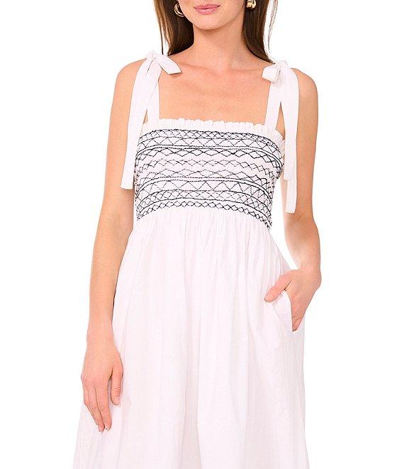 1. STATE Woven Square Neck Tie Shoulder Contrast Smocked Midi Dress Product Image