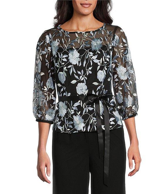 Alex Evenings Boat Neck 3/4 Illusion Sleeve Tie Sash Belt Embroidered Stretch Tulle Blouse Product Image