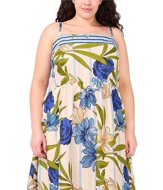 CeCe Plus Size Woven Floral Printed Square Neck Sleeveless Midi Dress Product Image