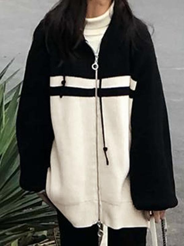 Contrast Color Splice Double Zip Hooded Cardigan Product Image