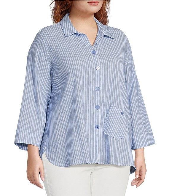Ali Miles Plus Size Woven Yarn-Dye Striped Wire Neck 3/4 Sleeve Hi-Low Hem Button Front Tunic Product Image