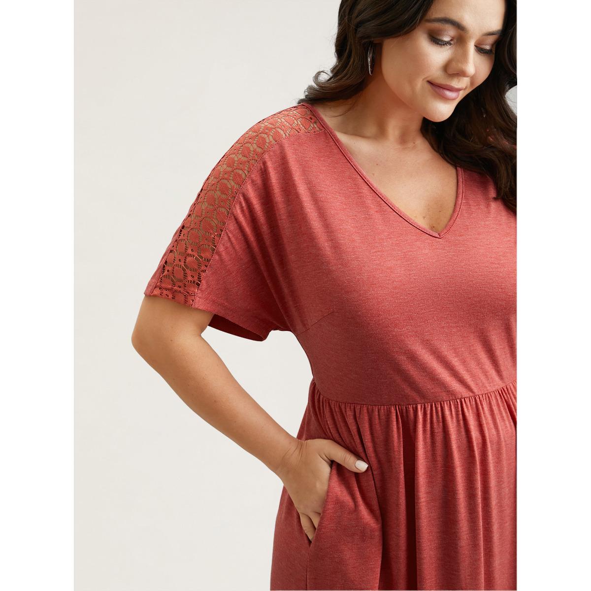 Plus Size V-Neck Sheer Lace Pockets Midi Dress OrangeRed Women Casual Woven ribbon&lace trim V-neck Short sleeve Curvy BloomChic 18-20/2X Product Image