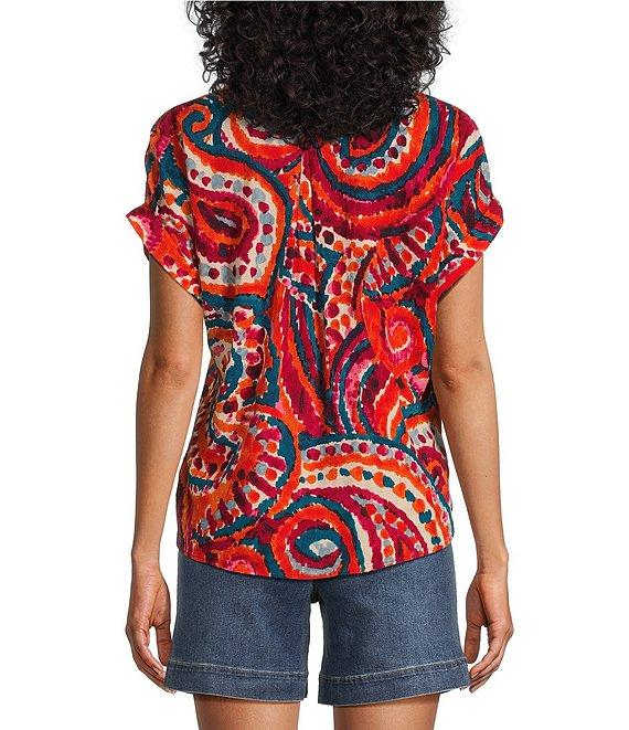 Westbound Paisley Overly Short Sleeve V-Neck Tie Front Top Product Image