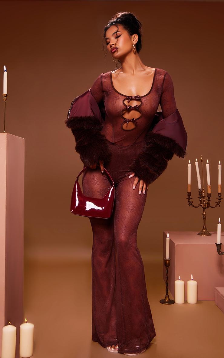 Chocolate Lace Cut Out Bow Detail Long Sleeve Jumpsuit Product Image
