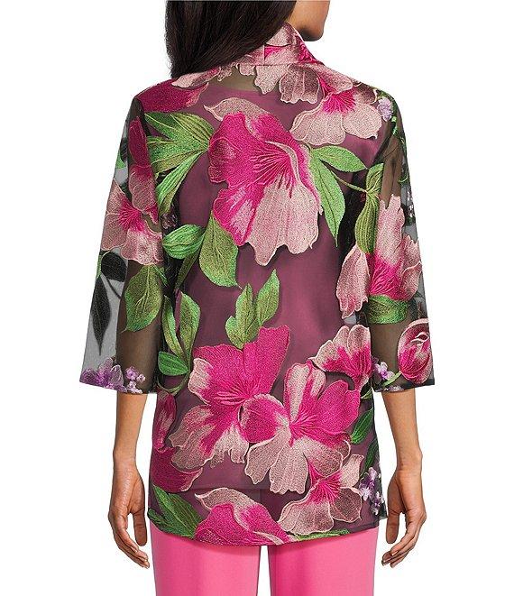 Caroline Rose Abundant Blooms Embroidered Mesh 3/4 Sleeve Open-Front Jacket Product Image