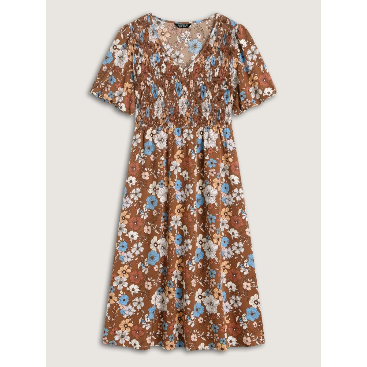 Plus Size Fall Florals Shirred Bodice Midi Dress Yellowishbrown Women Boho V-neck Short sleeve Curvy BloomChic 26/4X Product Image