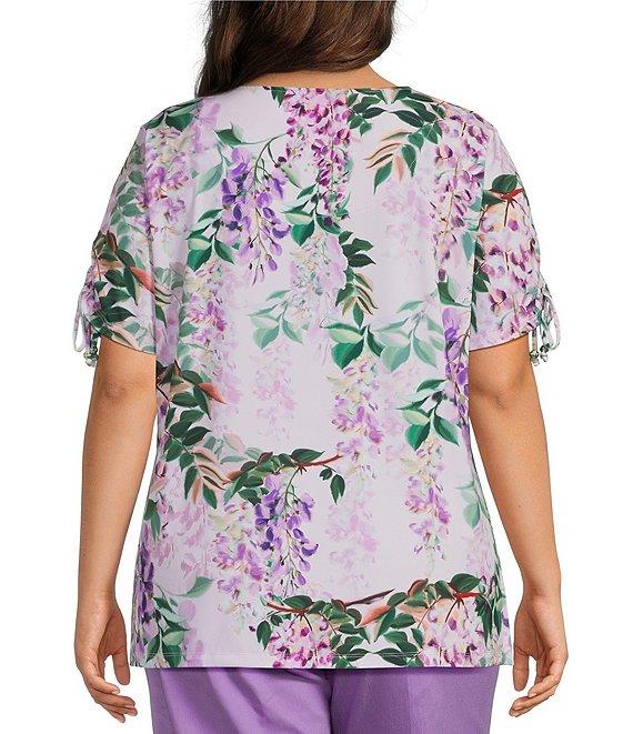 Allison Daley Plus Size Embellished Floral Print Short Ruched Tie Sleeve Square Neck Knit Top Product Image
