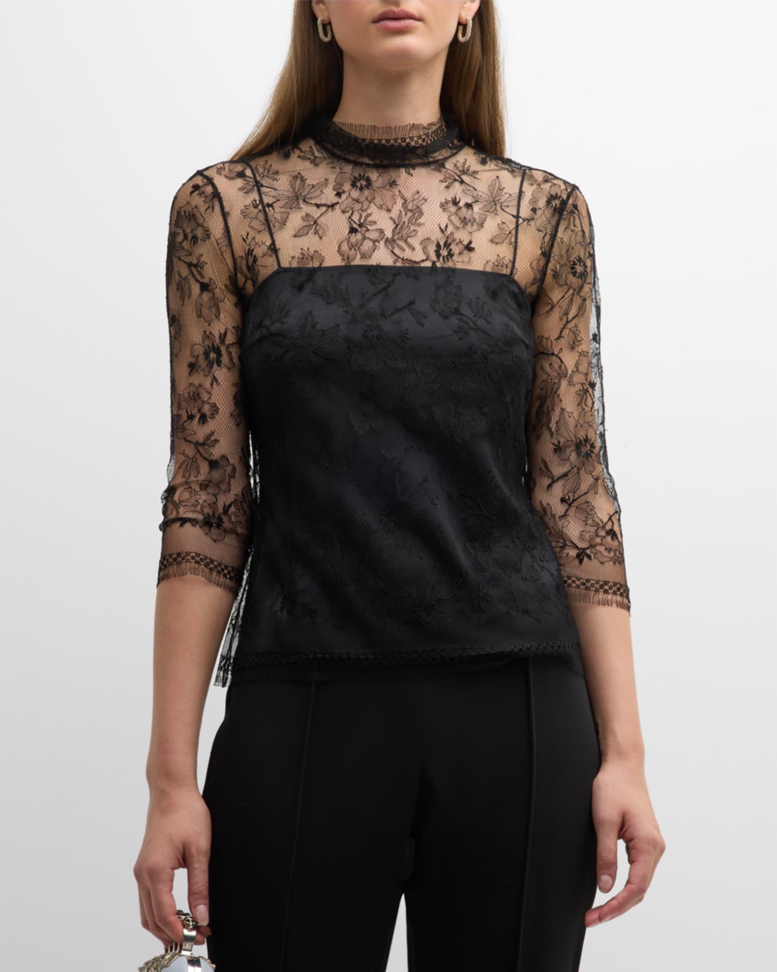 Lace High-Neck Shirt w/ Attached Camisole Product Image