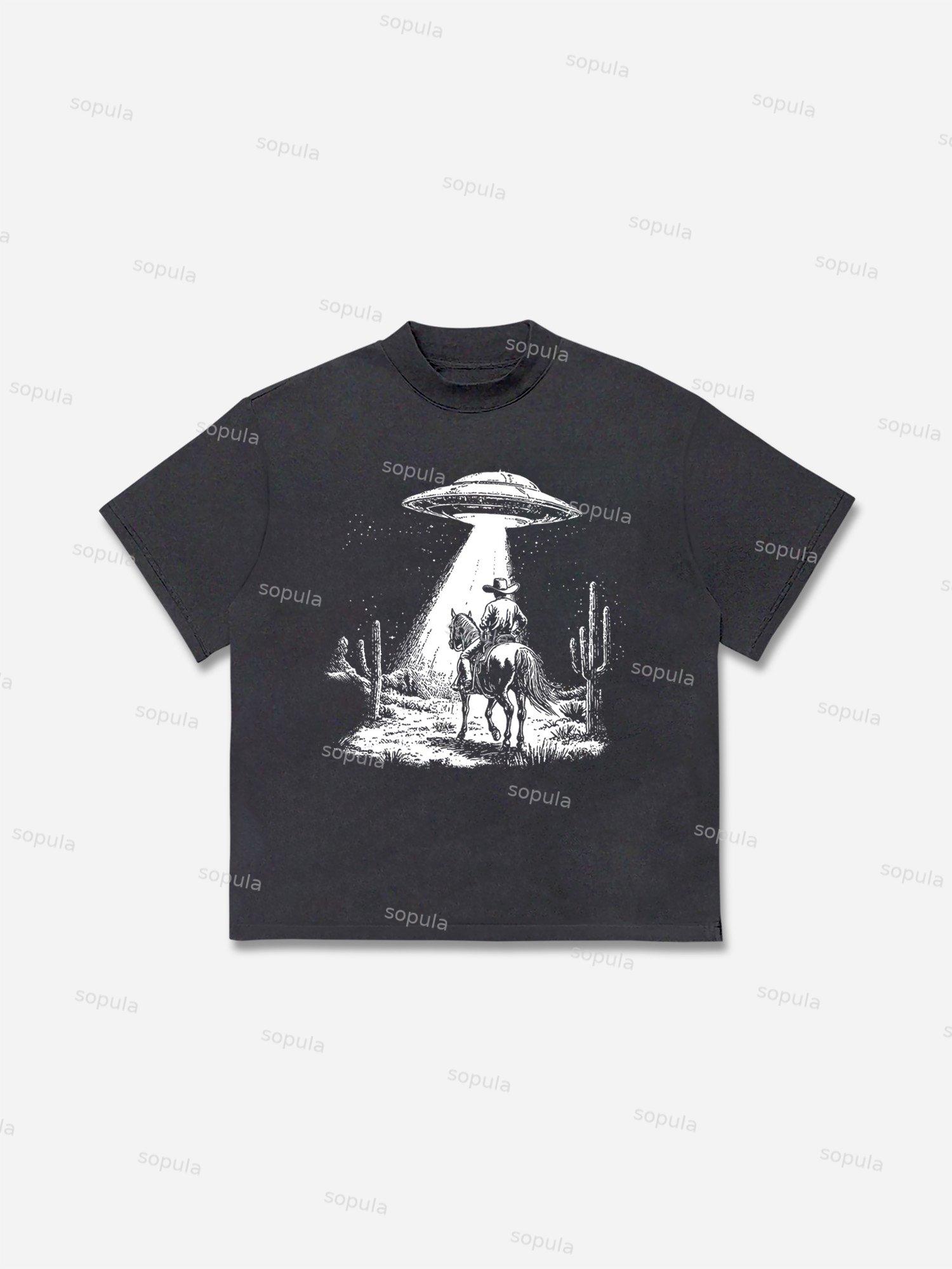 Ufo Western Cowboy Graphic Cotton T-shirt Product Image