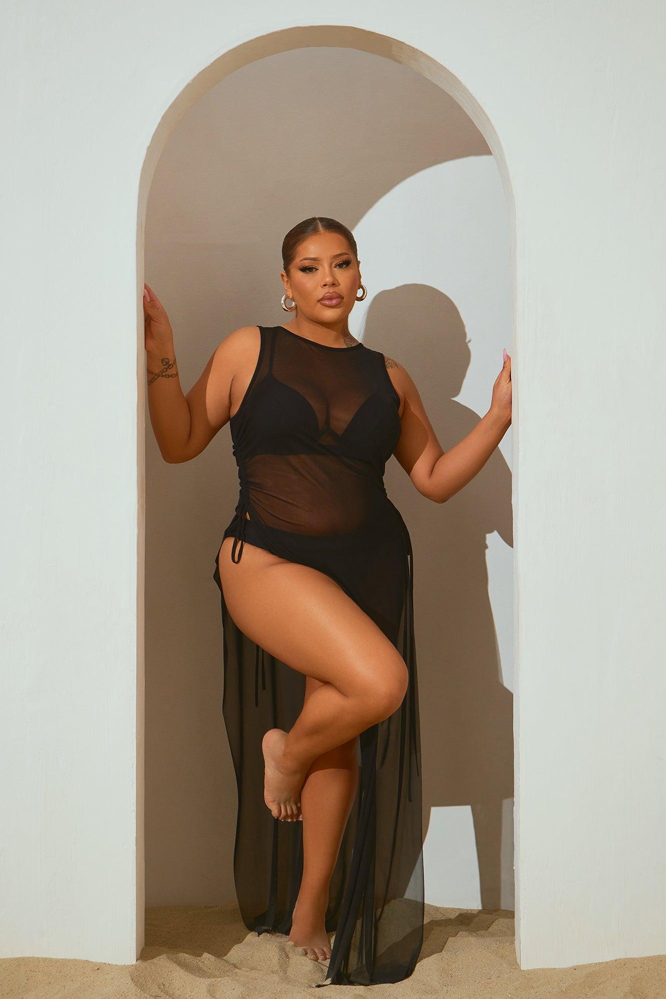 Summer Bae Ruched Mesh Cover Up Maxi Dress - Black Product Image