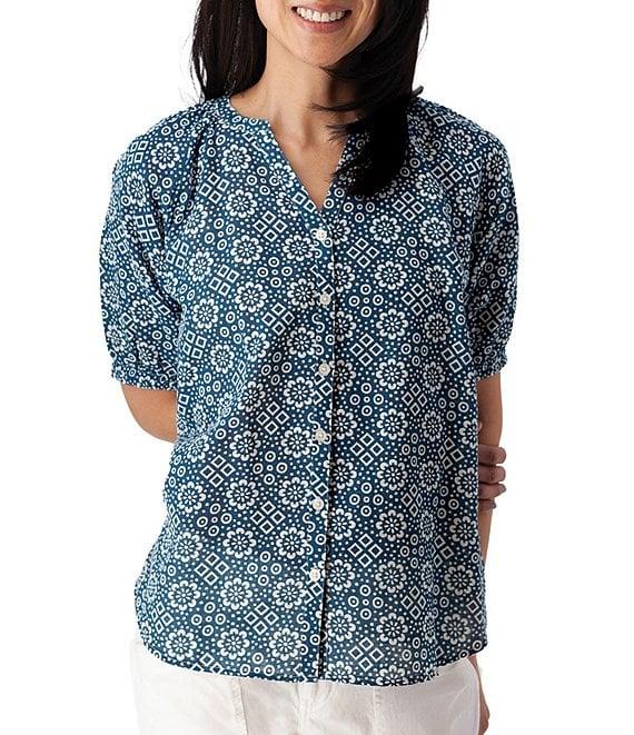 Aventura Cassia Printed Slub Weave Woven Y-Neck Button Front Blouse Product Image