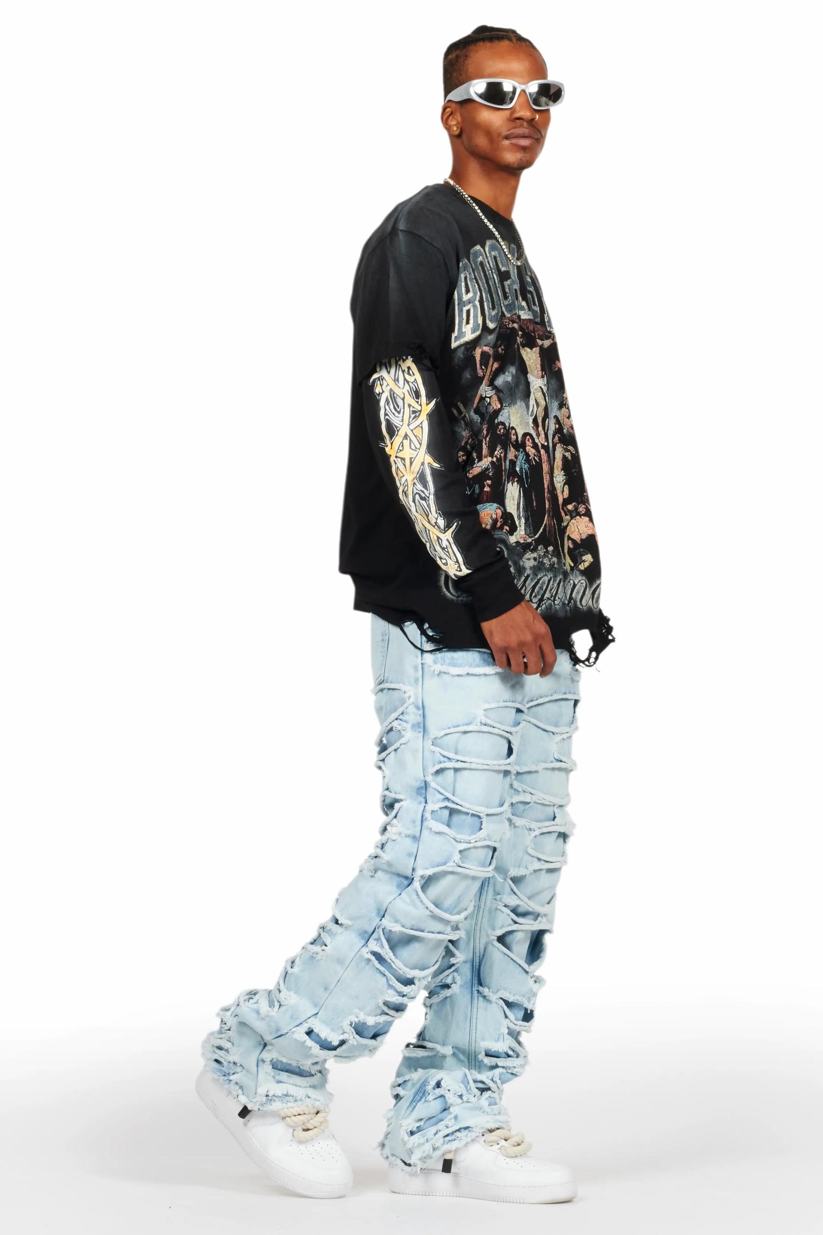 Waller Black Double Layer Long Sleeve Graphic T-Shirt Male Product Image