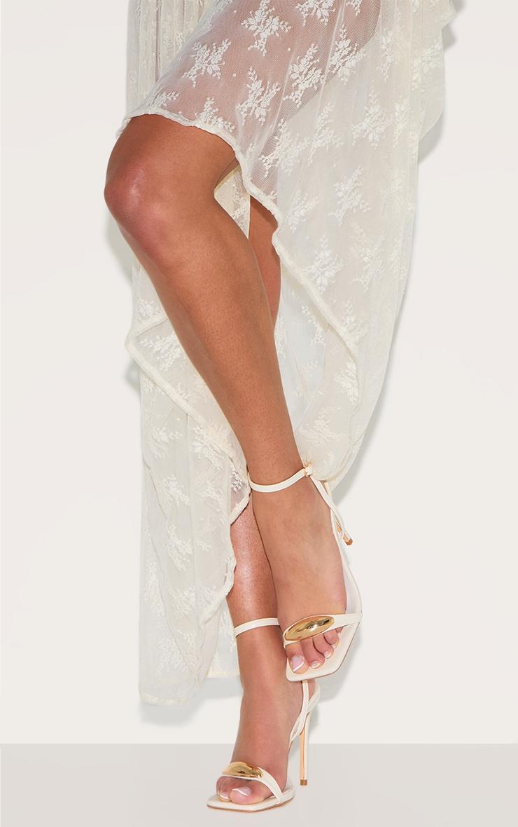 Cream Pu Square Toe Metal Trim High Stiletto Heeled Sandals Product Image