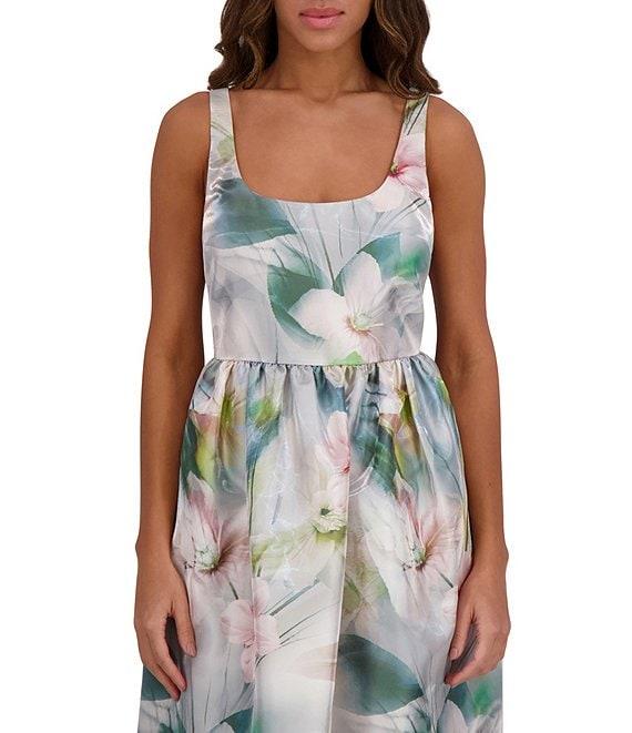 Kensie Shimmer Twill Floral Print Scoop Neck Sleeveless A-Line Midi Dress Product Image