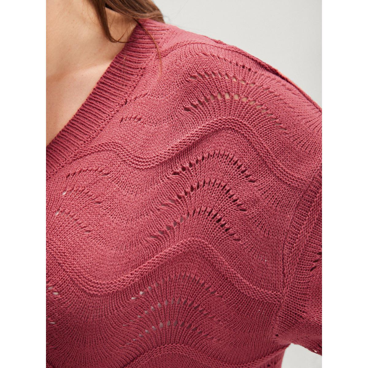 Plus Size Plain Pointelle Knit Water Ripple Eyelet Knit Top Scarlet Women Casual Loose Long Sleeve V-neck Dailywear Pullovers BloomChic 14-16/1X Product Image