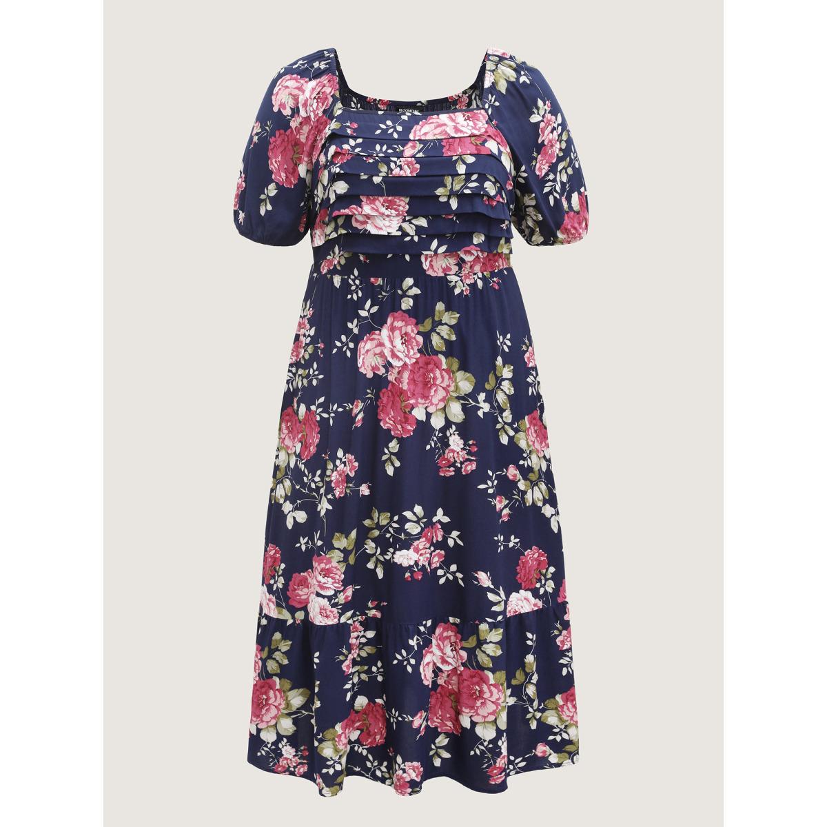 Plus Size Rosy Print Pleated Bust Ease Midi Dress Indigo Women Gathered Square Neck Short sleeve Curvy BloomChic 14-16/1X Product Image