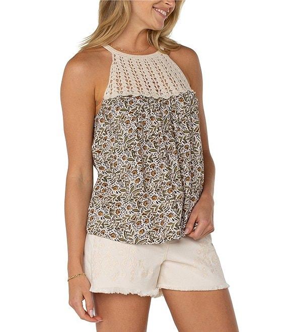 Liverpool Los Angeles Slub Jersey Knit Printed Sleeveless Crochet Halter Top Product Image