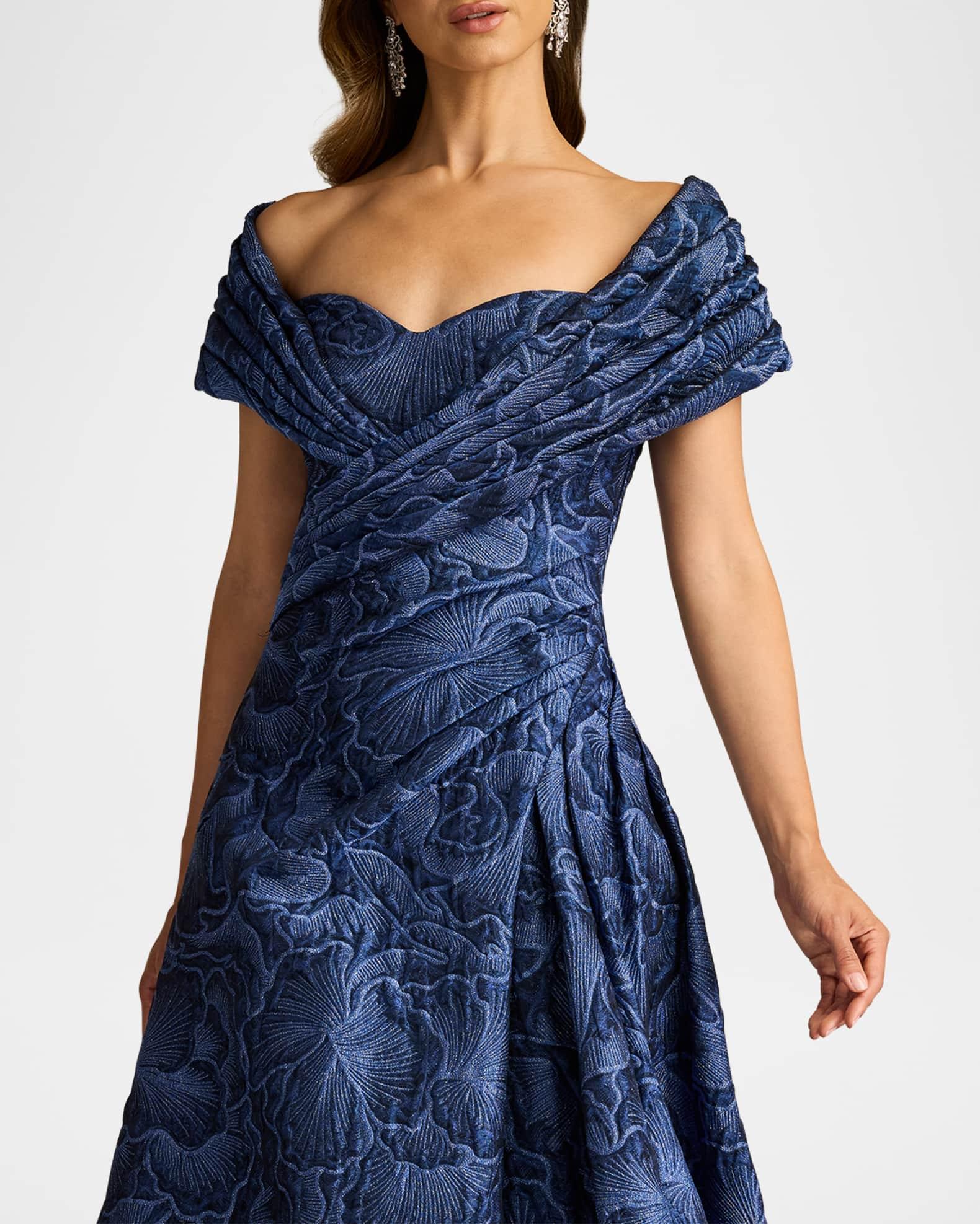 Pleated Off-Shoulder Floral Jacquard Gown Product Image