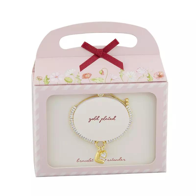 Brilliance Silver Plated Cubic Zirconia Heart Charm & Bubble Initial Charm Bracelet, Women's, Size: 4-10" ADJ, Gold Tone K Product Image