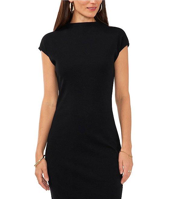 Vince Camuto Mock Neck Cap Sleeve Ribbed Knit Midi Sheath Dress Product Image