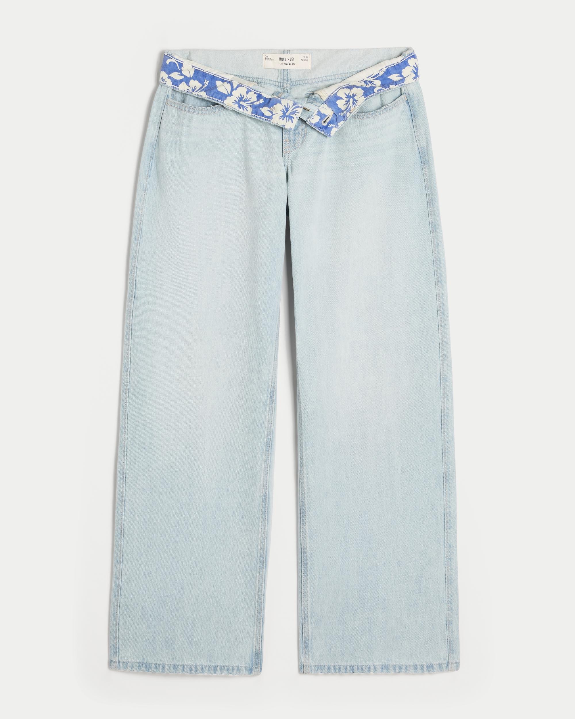 Low-Rise Light Wash Foldover Waist Baggy Jeans Product Image