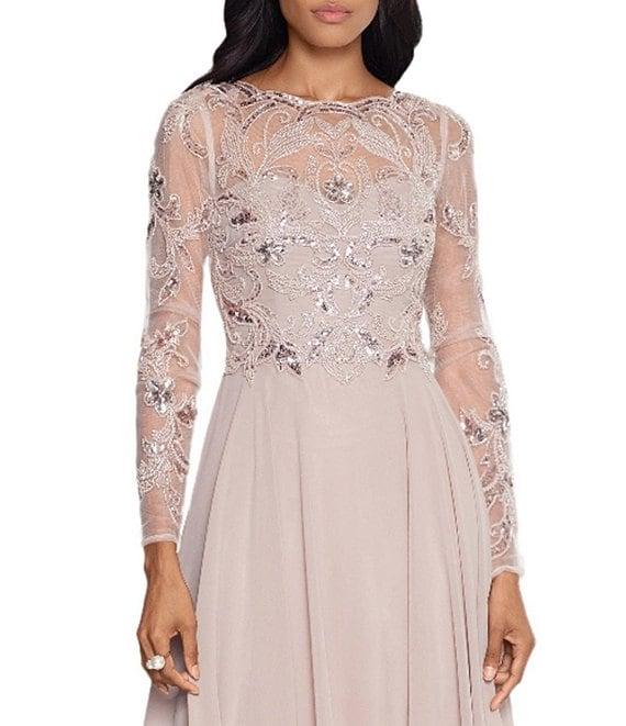 Xscape Illusion Crew Neck Long Sleeve Floral Beaded Bodice Chiffon Gown Product Image