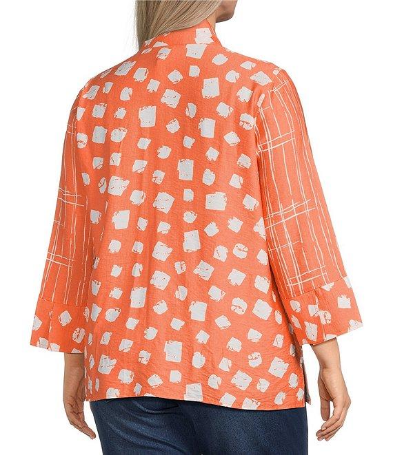 Ali Miles Plus Size Woven Printed Wire Collar 3/4 Sleeve Button-Front Tunic Product Image
