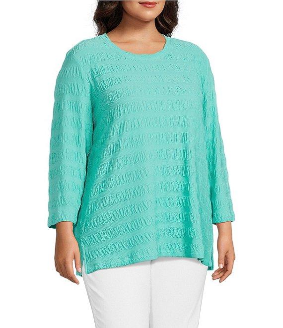 Multiples Plus Size Pucker Double Knit Jacquard Scoop Neck 3/4 Sleeve Pullover Knit Top Product Image