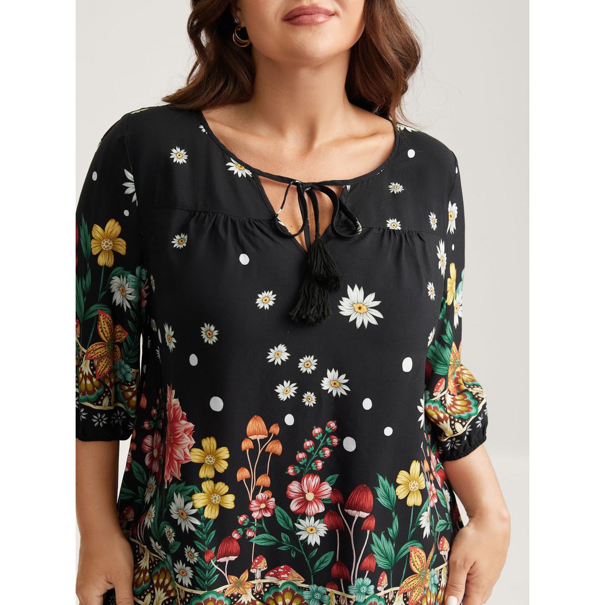 Plus Size Black Colorful Floral Pleated Tassel Blouse Women Elbow-length sleeve Flat collar with V-notch Everyday-Elegant Blouses BloomChic 28/5X Product Image