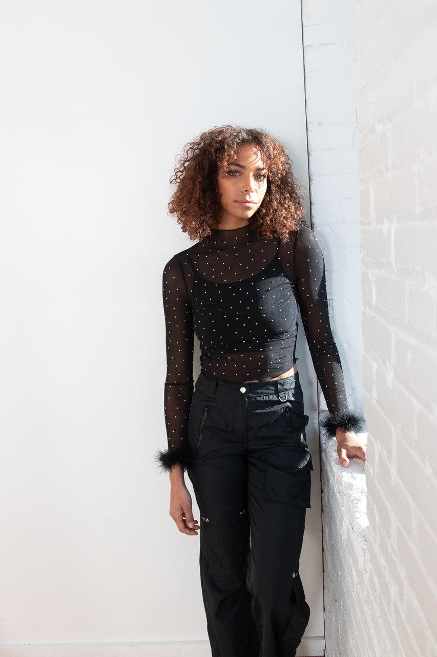 Long Sleeve Fur Trim Rhinestone Mesh Top Product Image