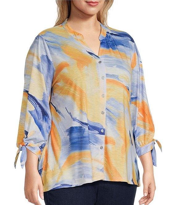 Allison Daley Plus Size 3/4 Tie Sleeve Y-Neck Button Front Knit Top Product Image