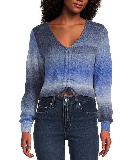Emory Park Spacedye V-Neck Ruched Tie Front Long Sleeve Cropped Sweater Product Image
