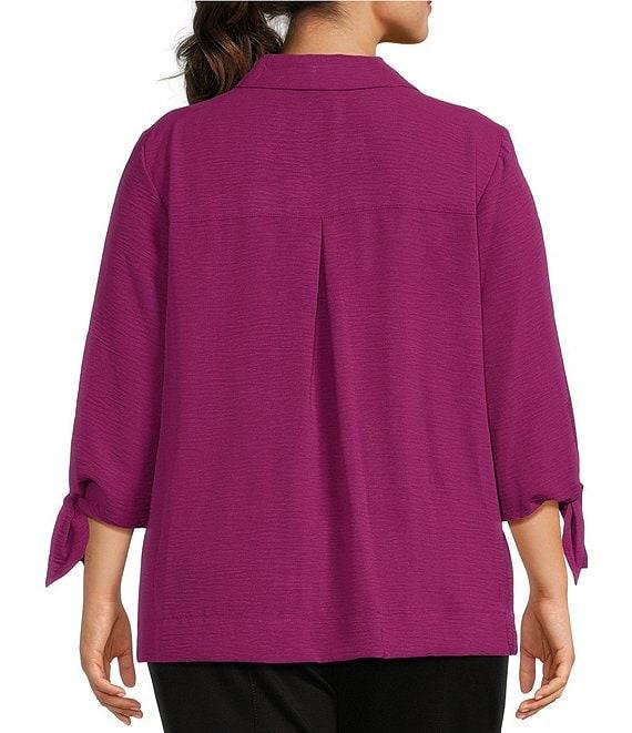 Slim Factor by Investments Plus Size Nicole Point Collar Y-Neck 3/4 Tie Sleeve Button Front Top Product Image