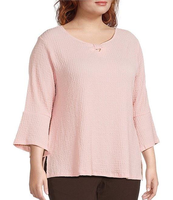 Allison Daley Plus Size Pucker Knit 3/4 Sleeve Keyhole Neck Top Product Image