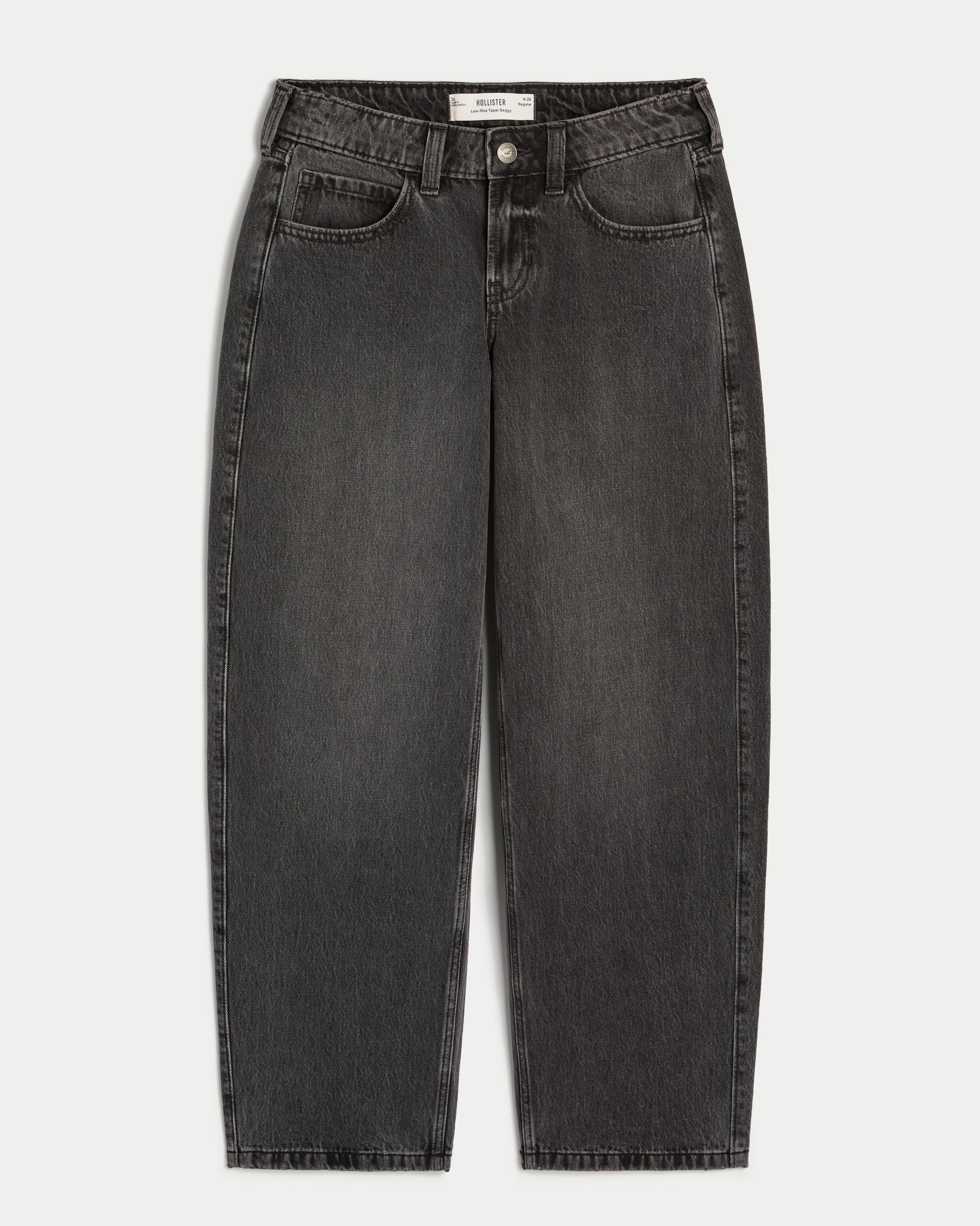 Low-Rise Washed Black Tapered Baggy Jeans Product Image