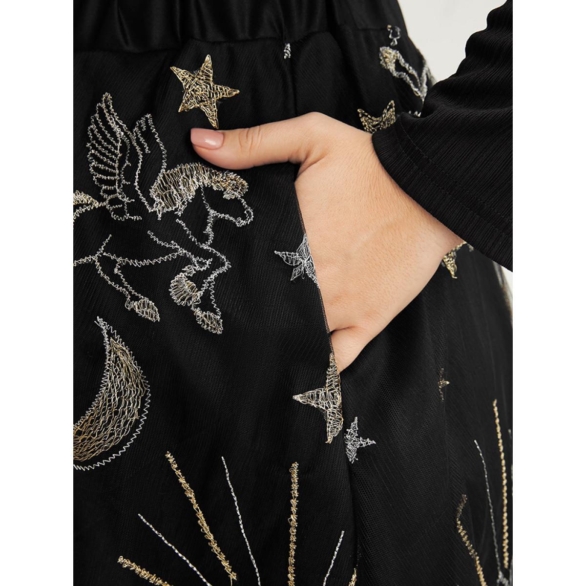 Plus Size Moon And Star Embroidered Mesh Elastic Waist Skirt Women Black Glamour Embroidered No stretch Going out Skirts BloomChic 12/L Product Image