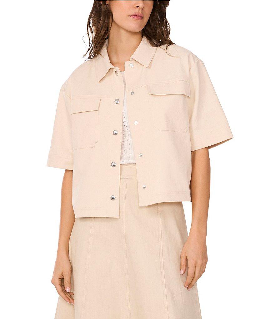 1. STATE Linen Blend Point Collar Short Sleeve Button Front Cropped Jacket Product Image
