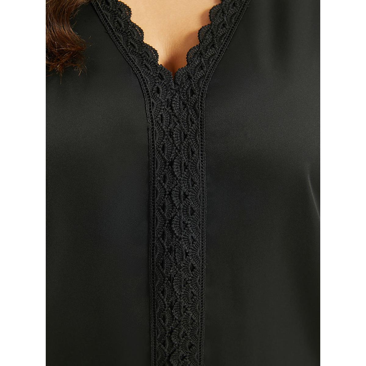 Plus Size Black Lace Panel V Neck Shirred Mesh Blouse Women Glamour Long Sleeve V-neck Going out Blouses BloomChic 30/6X Product Image
