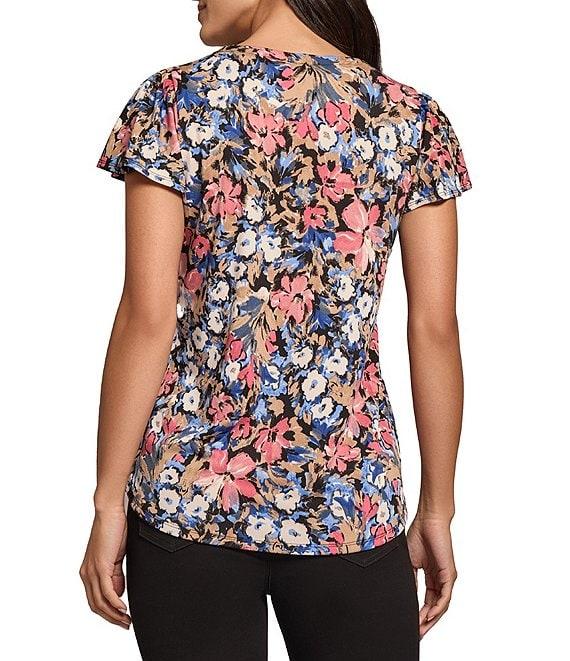 Jones New York Floral Printed Moss Crepe Noodle V-Neck Short Flutter Sleeve Top Product Image